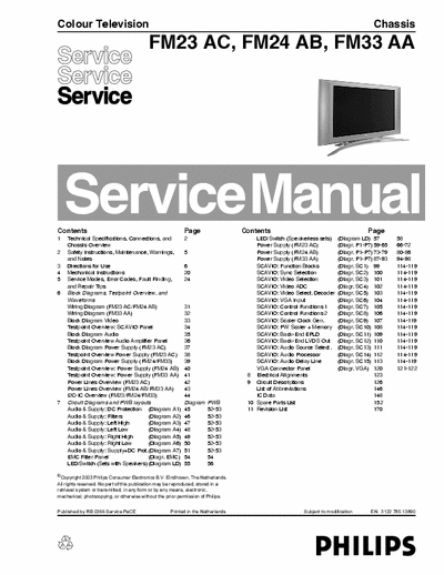 Philips FM23 AC Philips Color Television
Chassis: FM23 AC, FM24 AB, FM33 AA
Service Manual